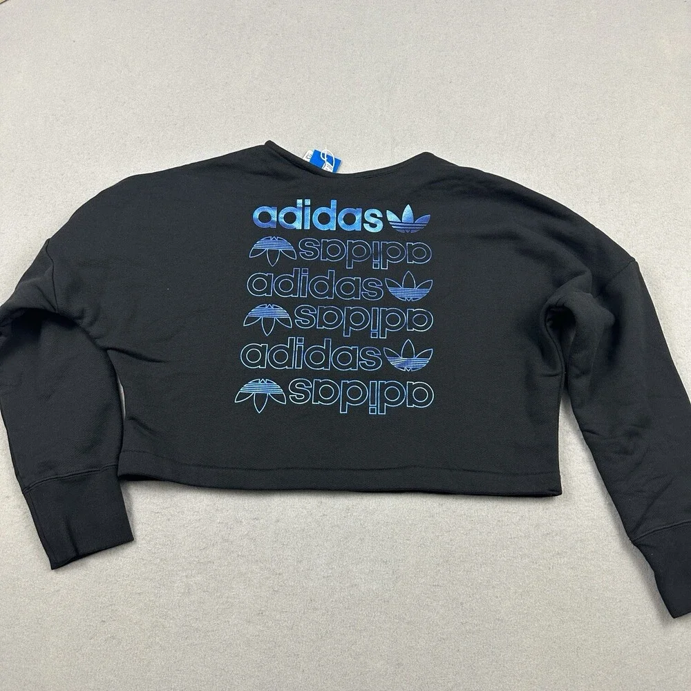 Adidas Sweatshirt Women Small Black Large Logo Essential Crewneck Crop Pullover